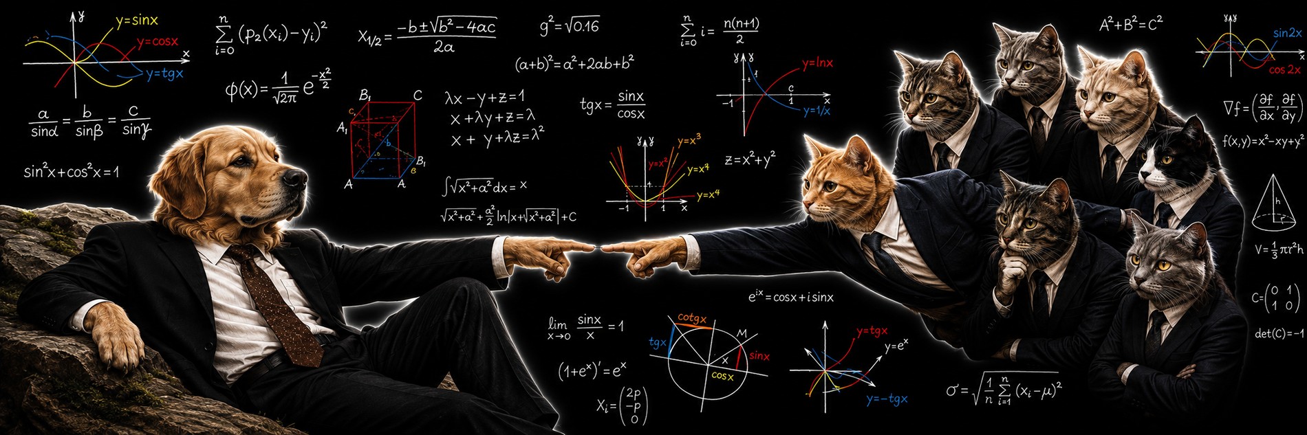 A dog in a suit reclining on a rock reaches toward a line of six cats in suits. Behind them a blackboard covered in equations.