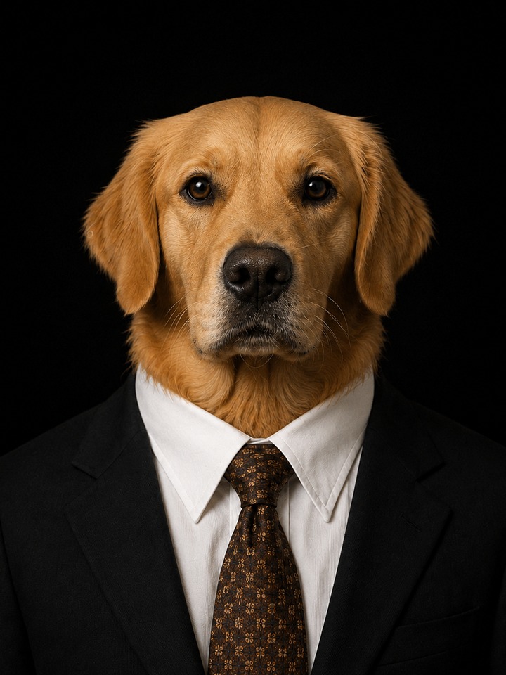 Identity photograph of the dog in a shirt and tie